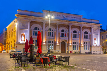 Sunrise view of Piazza del Popolo with Post Office palace in Pesaro, Italy