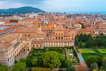 Sunrise aerial view of Santuario della Madonna delle Grazie dei Frati Servi di Maria in Italian...