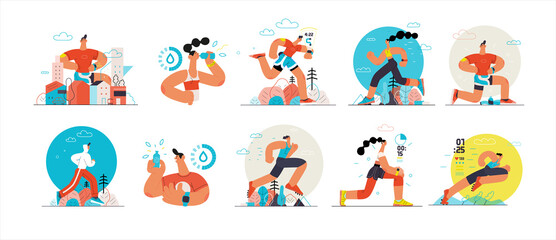Obraz na płótnie Canvas Runners set. Flat vector concept illustrations of male and female athletes running in the park, forest, stadium track or street landscape. Healthy activity and lifestyle. Sprint, jogging, warming up.