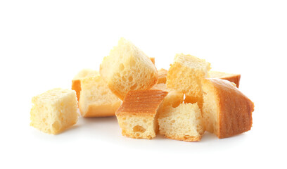 Tasty crunchy croutons isolated on white