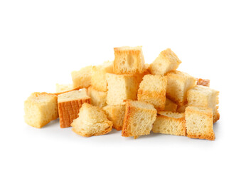 Many crunchy croutons isolated on white