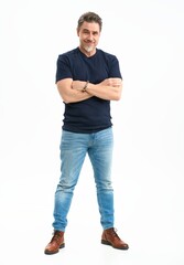 Middle age casual man in jeans and t-shirt. Mid adult, mature age man, happy smiling. Full length portrait isolated on white.
