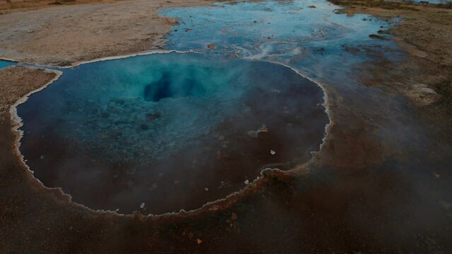 Geyser of Haukadalur in Iceland blowing-up geothermal hot springs. Icelandic boiling geysers vapour and spray heated water. Wide angle shot. High quality 4k slow motion footage