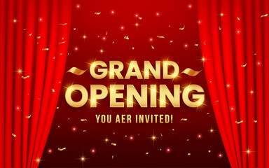 Realistic grand opening invitation with red curtains, golden confetti and 3d editable text effect