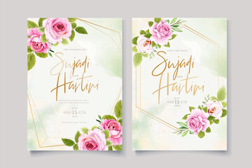 Fototapeta na wymiar watercolor roses with beautiful pink invitation card template