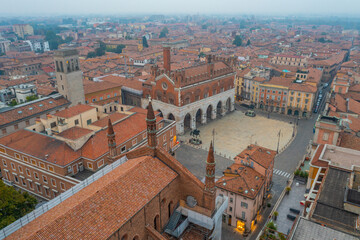 Aerial view over Piazza dei Cavalli in the center of Italian town Piacenza - obrazy, fototapety, plakaty