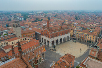 Aerial view over Piazza dei Cavalli in the center of Italian town Piacenza © dudlajzov