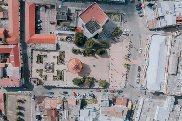 San Marcos Guatemala - Aerial shot of the small central park of the city - central square with old kiosk - Latin American park