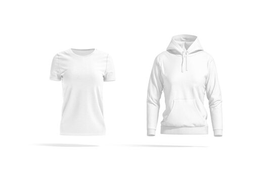 Blank white women hoodie and t-shirt mockup, front view
