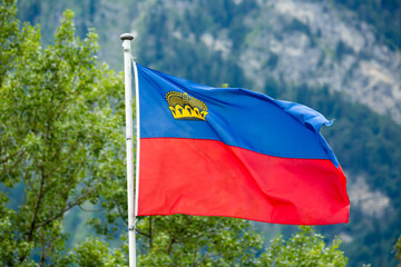 Liechtenstein flag waving on trees and mountain background