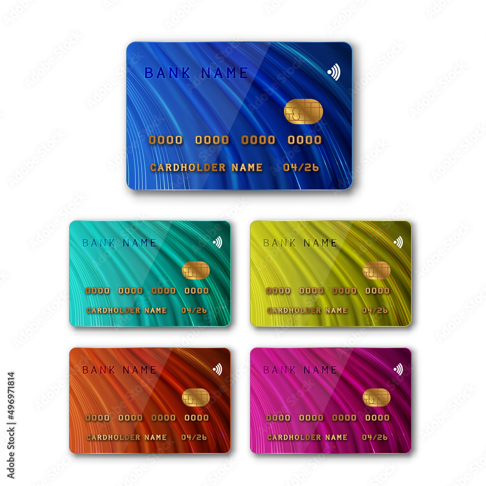 Aufkleber credit card for payment multicolored set vector. blank plastic bank card with microchip and contactl