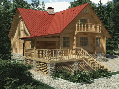 3d render of an architectural project of a wooden house from a log house in the forest. Country house with orange roof.