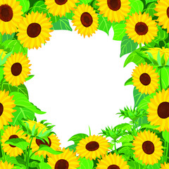 Sunflowers border clip-art for invitations, greenery decoration. Yellow flowers. Mocap, template.