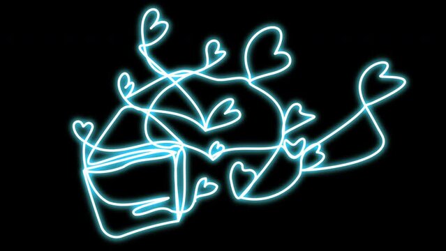 Neon envelope with flying hearts. A symbol of a love message. Animation of a shining neon lamp on a black background. Stock video with alpha channel. Futuristic motion graphics with flickering.