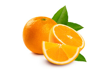 Orange fruit with in half and leaves isolated on white background.