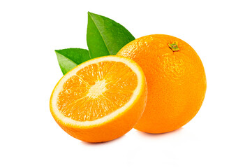 Orange with leaves on white background.