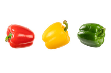 Red yellow and green peppers on white background.