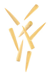 falling baby corn isolated on white background.