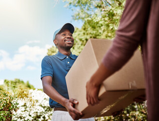 Delivering direct to your door. Shot of a young postal worker delivering a package to a female customer.