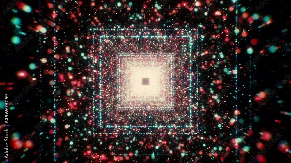 Poster colorful glowing particles in tunnel flow with squares. motion. beautiful flow of colorful particles