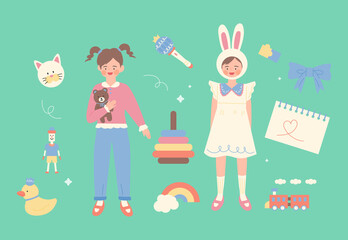 A girl holding a teddy bear, a girl wearing a rabbit mask. There are toys around them. flat design style vector illustration.