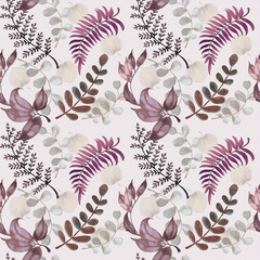 Watercolor purple leaves seamless pattern design