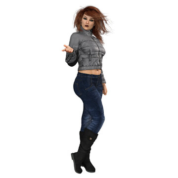 Contemporary Woman in Jeans with Long Red Windblown Hair on Isolated White Background, 3D Rendering, 3D illustration