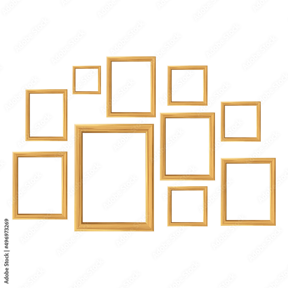 Poster Wooden Frames For Pictures Collage Set Vector. Blank Wooden Frames For Paint Images Hanging In Museum. Creative Art Exhibition Canvas Sheets Borders Template Realistic 3d Illustration