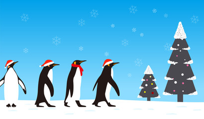 Penguin walking with Christmas hat, greeting card design, vector