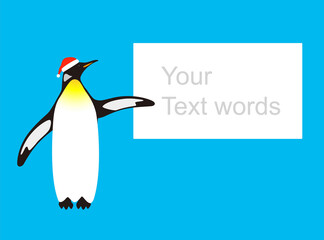 Penguin wearing the Christmas hat, pointing to the blackboard, vector