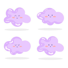 Vector Set of kawaii purple clouds icons. Anime character of weather.