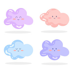 Vector Set of kawaii colorful clouds icons. Anime character of weather.