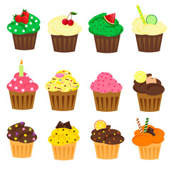 A set of cupcakes. Vector illustration. For use in postcards, books, brochures and covers, prints, holiday, confectionery, fabric and packaging.