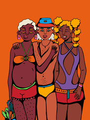 Three friends with pregnant person