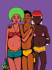 Three friends with pregnant person