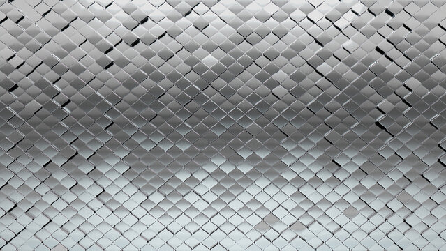3D Tiles arranged to create a Glossy wall. Silver, Arabesque Background formed from Luxurious blocks. 3D Render