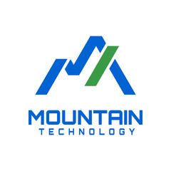 mountain M tech logo concept with flat blue and green color style
