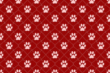 pink animal footprints wallpaper doodle background, cute seamless pattern, red background