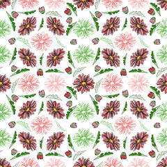 Seamless botanical pattern with gerbera flowers and buds and leaves in doodle technique on a white background 