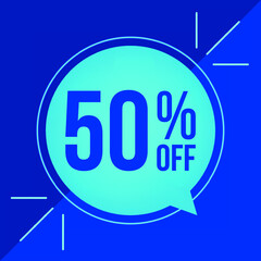 50% off, discount for big sales. Cyan balloon on blue background.