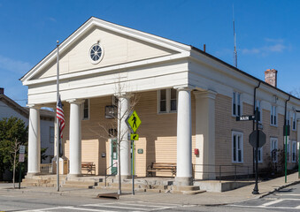 Warwick, NY - USA - April 2, 2022: A landscape three quater view of Warwick's Village Hall on Main Street and Wheeler Avenue