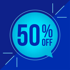 50% off, discount for big sales. Cyan balloon on blue background.