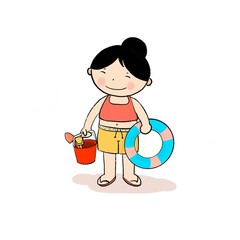 Isolated cute girl with pink tank top and yellow short holding and plastic bucket with sand shovel inside. Little girl ready to go to the beach on summertime, enjoy travel, happy on vacation day.   
