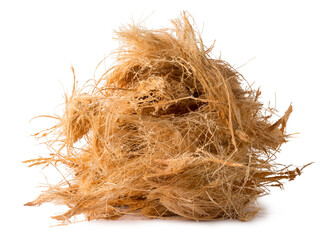 pile of coconut husk fiber or coir, commercially important natural fiber extracted from outer husk of coconut fruit,isolated on white background - obrazy, fototapety, plakaty