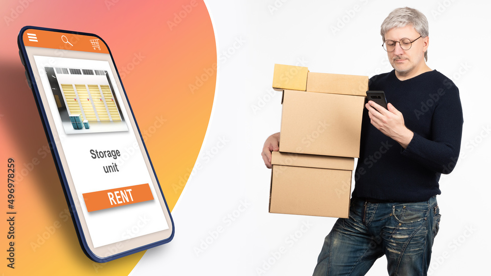 Poster storage unit rent in smartphone. mobile app for warehouse. man with cardboard boxes. program for sel