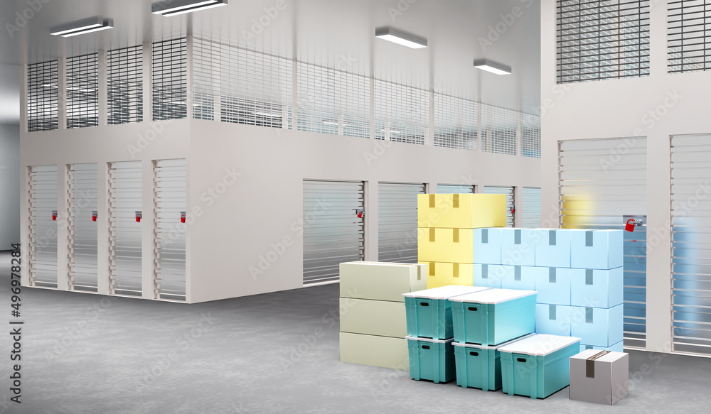 Poster storage boxes for rent. self-storage units. boxes at entrance to storage room. warehouse premises. w