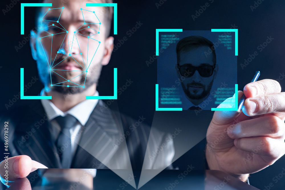 Poster artificial intelligence. biometric identification or facial recognition system. biometric technology