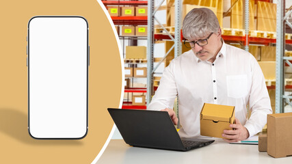 The business of delivering goods. Manager of an online store with boxes and a laptop. Electronic...