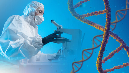 Genetic research. DNA spiral and the female scientist. Genetic engineering concept. Medical...