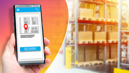 Online shopping with home delivery. Mobile application for goods delivery. Blurred warehouse background. Shopping in an online store. Delivery of goods from the warehouse. E-business concept.